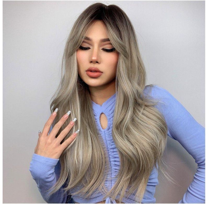 Freeshipping Long Wavy Gray Ash White Synthetic Wig with Bangs Cosplay Daily Party Wig for Women Heat Resistant Hair Dropshipping Wholesale