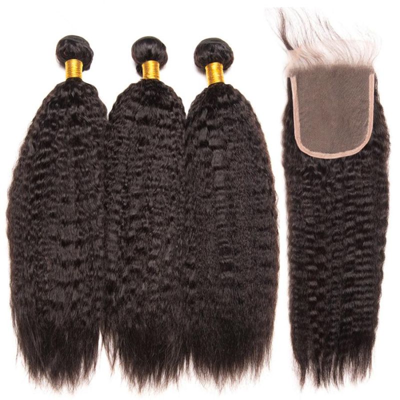 Brazilian Kinky Straight Human Hair Weave Bundles with Closure