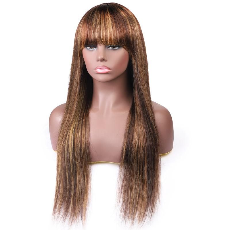 P4/27# Wig Long Straight Gradient Semi Human Hair Wig with Bangs