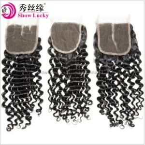 Wholesale Price Soft Hand Tied 100% Peruvian Virgin Human Hair Deep Wave Curly 4*4 Lace Swiss Top Closure