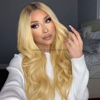 Ombre Blonde Long Wavy Middle Part Natural Hairline Dark Roots Blonde Synthetic Wigs
