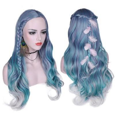 Mixed Violet Blue Green Light Gray Color Heat Resistant Fiber Long Wavy Synthetic Wigs for Women Middle Part Wig 28 Inches