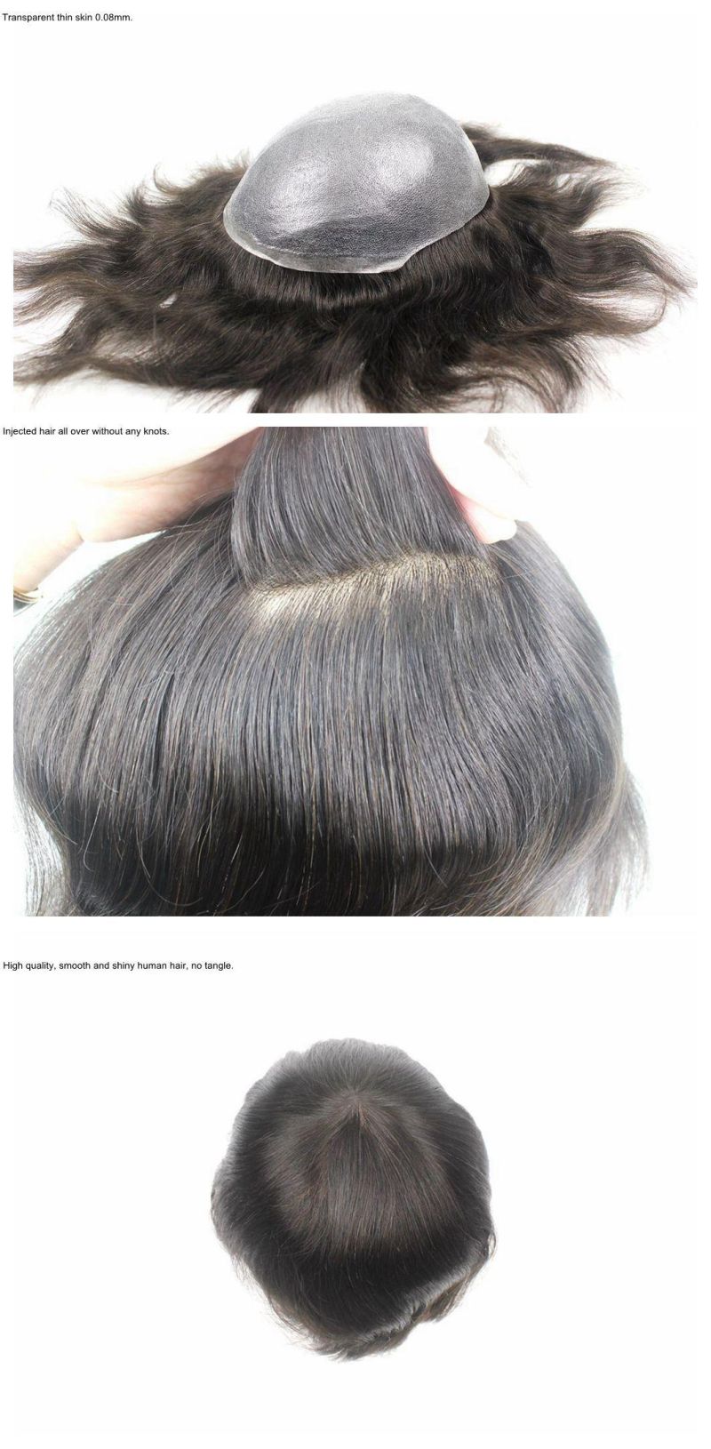 Injected Hair Clear Poly All Over Natural Human Hair Men′s Toupee