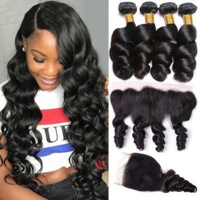 Virgin Hair Loose Wave Bundles with Closure Peruvian Hair Weave with Closure Remy 100% Human Hair Bundles with Frontal Closure Loose Wavy Hair