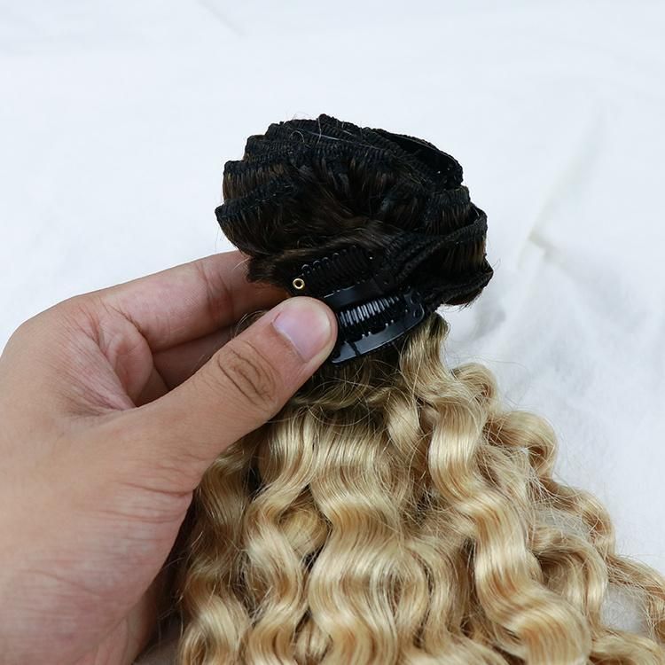 Double Drawn Brzailian 100% Remy Ombre Color Kinky Curly Clip in Hair Extension #1b/613