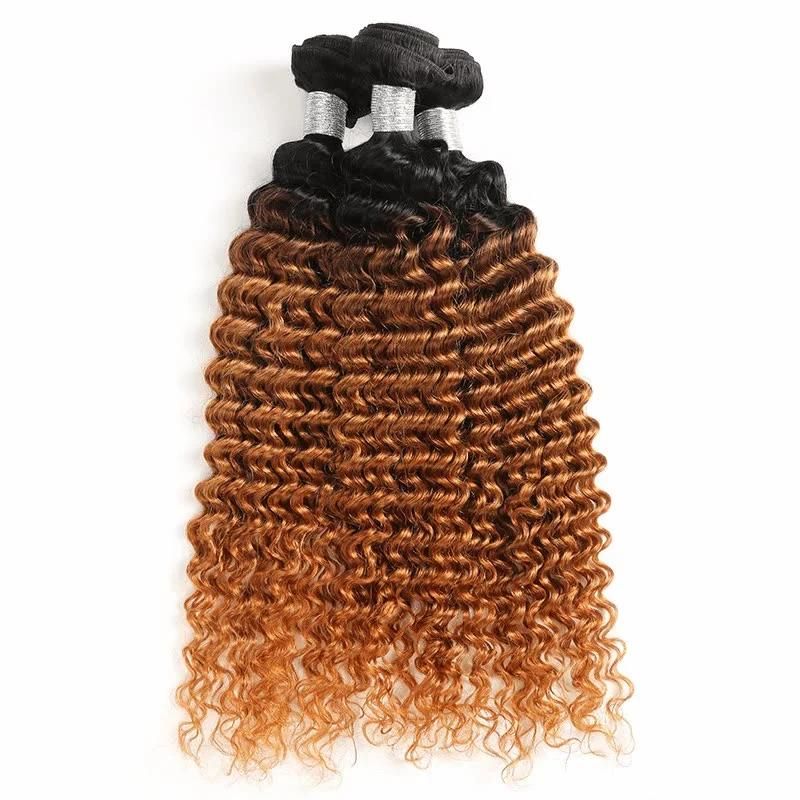 95g T1b/30 Curly Human Hair Bundles Brown/Golden Human Hair Bundles Double Drawn Hair Extension Brazilian Human Hair Bundles with 20"