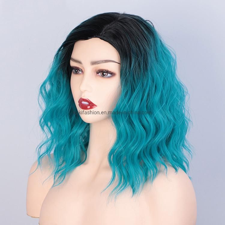 Kakiifahion Hair New Design Vendor Wholesale Curly Water Wave Ombre Blue Body Wave Bob for Black Women Synthetic Hair Wigs