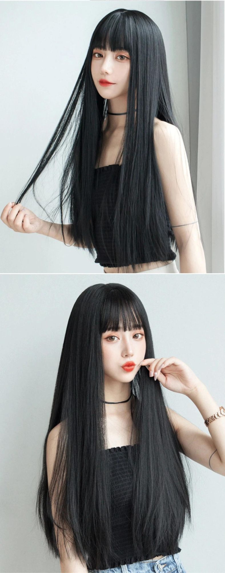Brazilian Human Hair Lace Front Women Wig Female Hair Wigs with Closure with Bang Cosplay Black Long Straight Wig 24 Inch