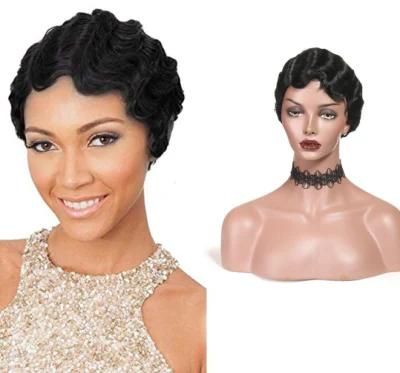 Finger Wave Wig Short Human Hair Black Curly/Wavy Wig