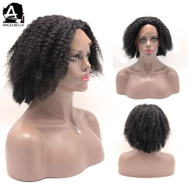 Angelbella 1b# Natural Frontal Wigs Short Style Kc Kinky Curly Human Hair Wig