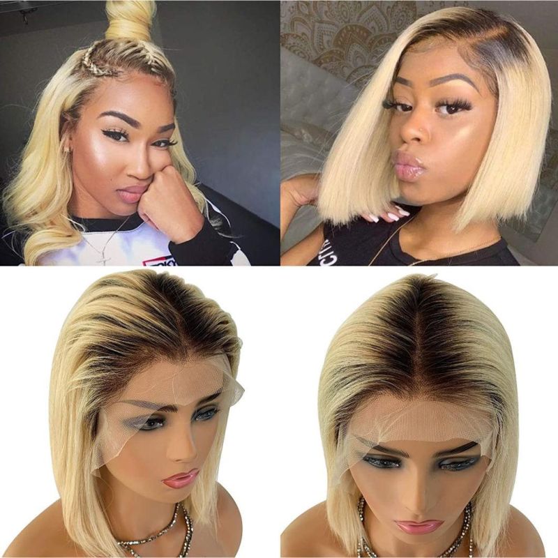 Short Bob Lace Front Ombre Blonde Wigs Glueless 150% Density Natural Human Hair Wig 8 Inch 1b/613