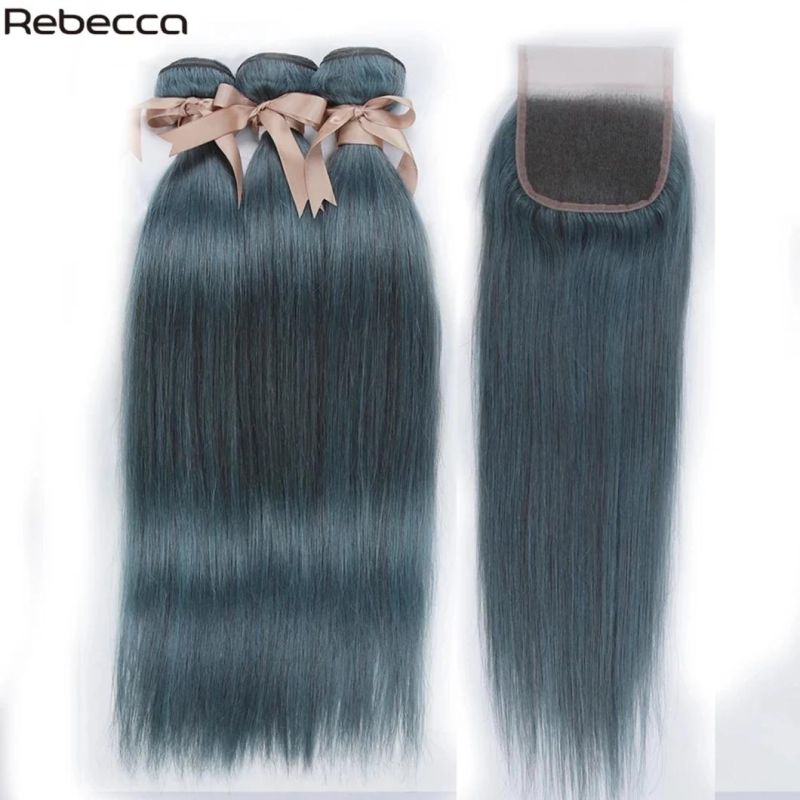 Blue Bundles with Closure Brazilian Human Hair Straight Remy Human Hair Bundles S Blue with Closure for Woman