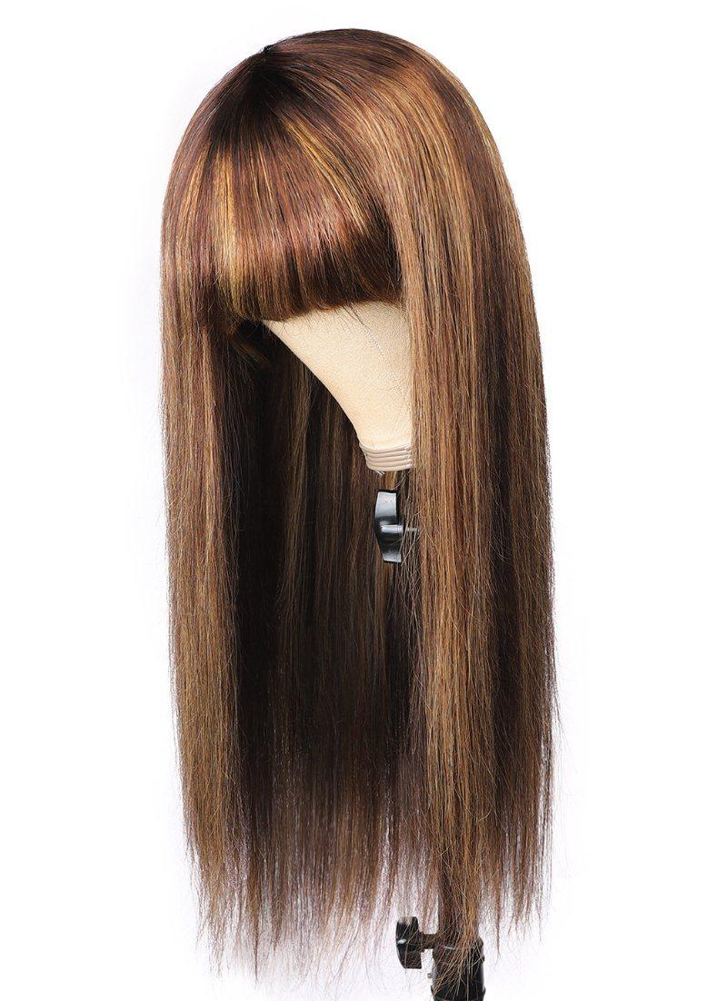 P4/27# Wig Long Straight Gradient Semi Human Hair Wig with Bangs