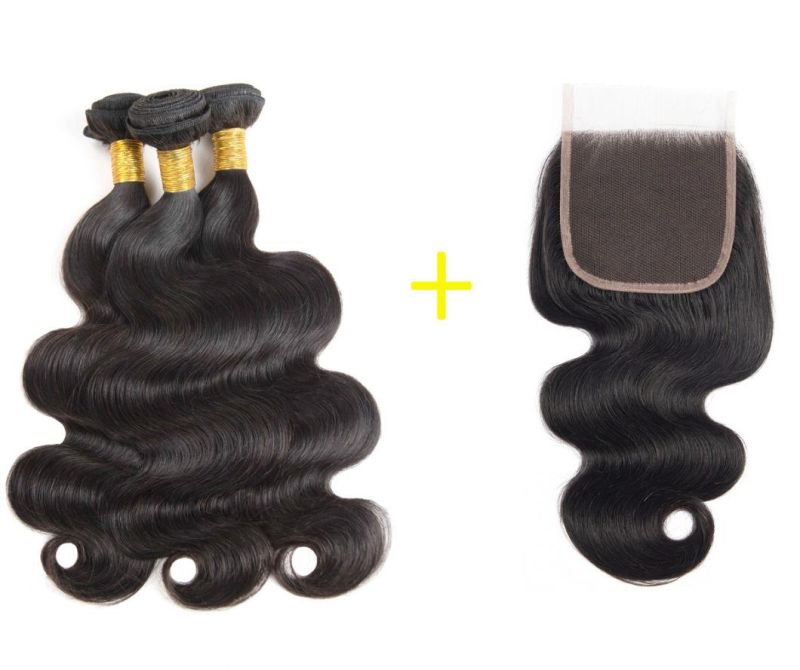 Brazilian Virgin Hair Body Wave Bundles with Lace Closure Free Part Natural Black