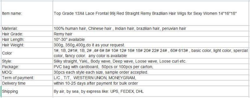 Top Grade 13X4 Lace Frontal 99j Red Straight Remy Brazilian Hair Wigs for Sexy Women 14"16"18"