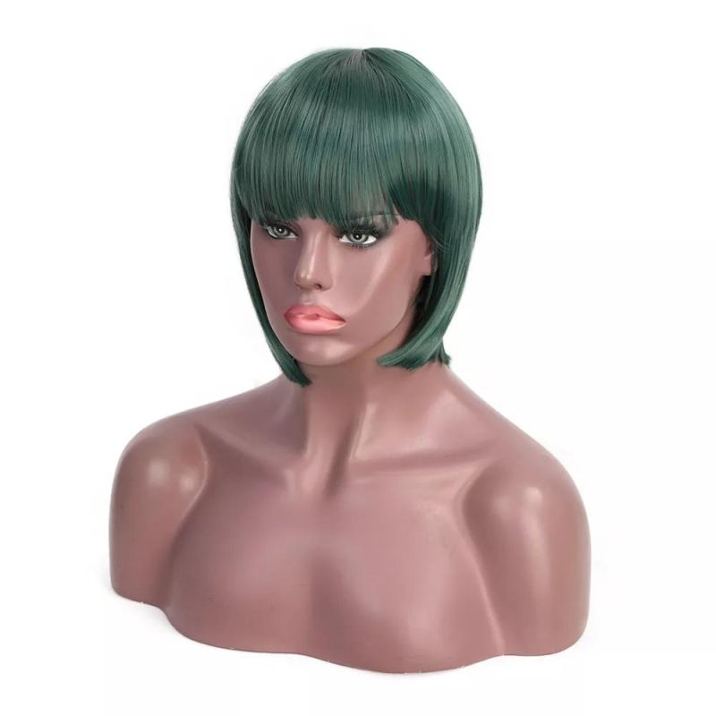 12 Inch Cheap Green Color Bobo Wig with Bangs Heat Resistant Synthetic Short Straight Wig for Black Women