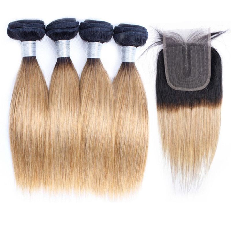 Brazilian Human Hair Bundle with Lace Closure Middle Part Ombre Honey Blonde Straight Remy Human Hair Short Bob Style