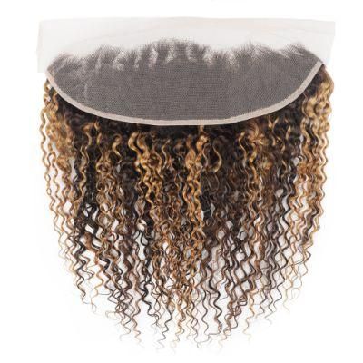 13X4 Transparent Lace Front Closure Kinky Curly Virgin Human Hair Weft Piano #P4/27