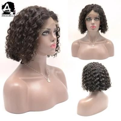 Angelbella Short Curly Human Hair Front Lace Wig Middle Part 180% Density Bouncy Lace Wigs