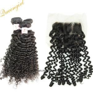 Free Shipping Remy Human Hair Virgin Curly Top Lace Closure with Peruvian Hair Bundle