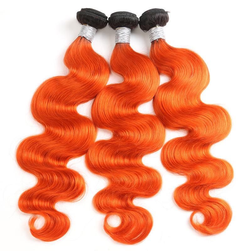 Orange Color Straight Body Wave Remy Hair Extensions Human Hair Bundles 22 Inches with Double Drawns