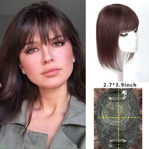 100% Real Dark Brown Human Hair Clip in Hair Toppers Hairpieces with Bangs for Women Silk Base Crown Top Hair Pieces Extentions (12inch, 2.7&quot;*3.9&quot;)
