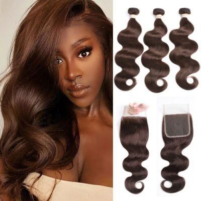 Brown Body Wave Bundles with Closure Brazilian Hair #4 Color 100% Human Hair Bundles with Closure Remy Hair for Black Women