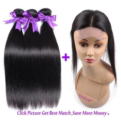 Hair Products Brazilian Straight Human Hair Bundles with Lace Closure Middle Part Natural Black 3 Bundles Hair Weaves Remy Hair