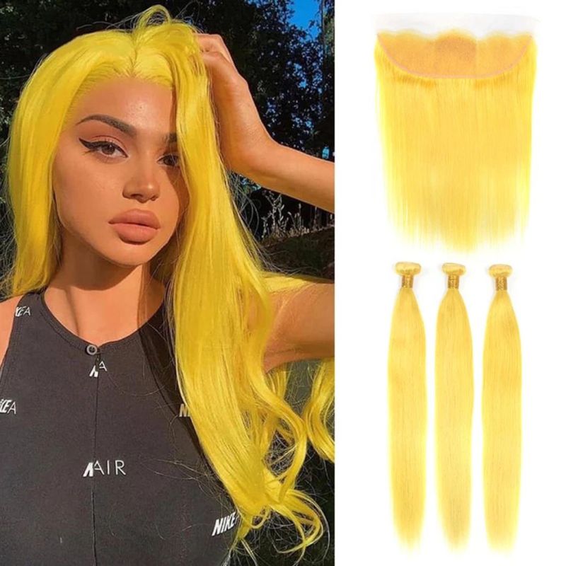 Yellow Brazilian Straight Human Hair Bundles with 13X4 Lace Frontal 8-30 Inch Remy Human Hair Extensions with Baby Hair for Woman