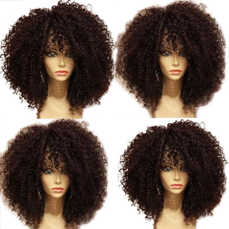 Afro Kinky Curly Lace Front 4X4 Human Hair Wigs for Black Women Short Glueless Brazilian Remy Hair with Bangs Pre Plucked with Baby Hair 16 Inches
