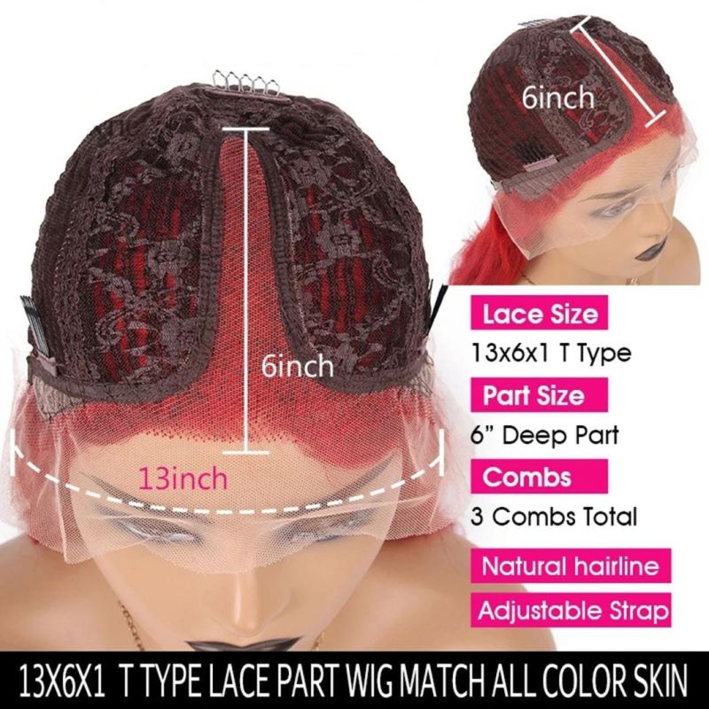 Purple Color Deep Wave T Part Lace Wigs with Natural Hairline Brazilian Remy Human Hair Bob Wig for Women