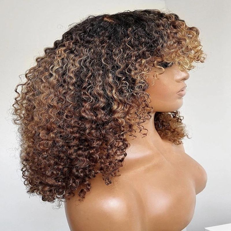 Kbeth Top Quality Fast Shipping Glueless Cheap Machine Made Human Hair Wigs Thick Highlight Color Curly Wigs with Bang Wholesale Price