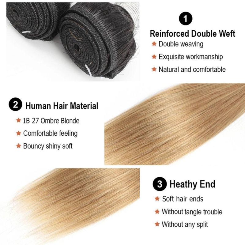 Brazilian Hair Bundle with Lace Closure Middle Part Ombre Honey Blonde Straight Remy Human Hair Weft