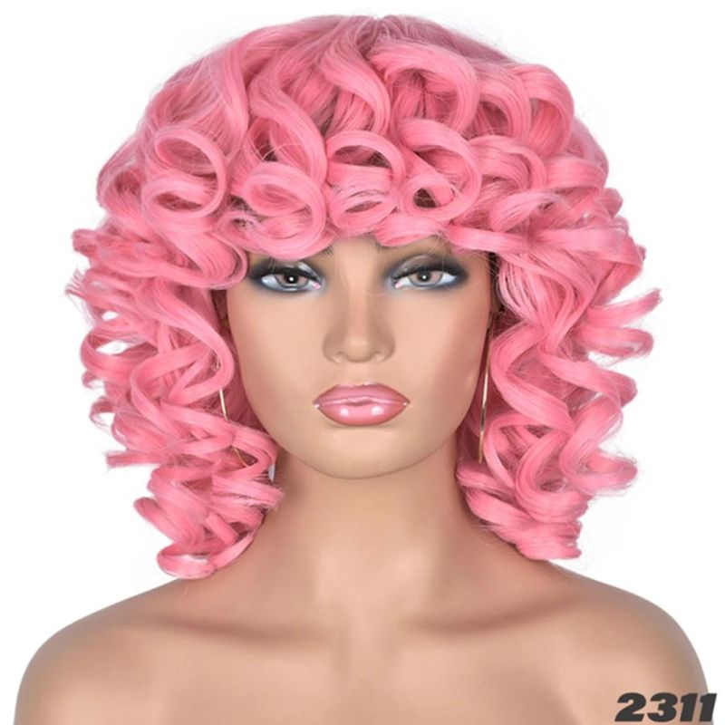 Wholesale Price Human Hair Short Hair Afro Curly Wig with Bangs Loose Fluffy Shoulder Length Natural Lace Front Brazilian Hair Wigs for Black Women 14 Inches