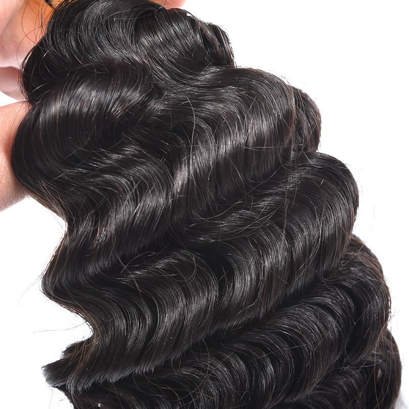 Brazilian Human Hair 4*4 Swiss Lace Closure Hair Bundles, Deep Wave Hair Extension, Double Drawn or Weft Human Hair 3 Bundles with a Closure