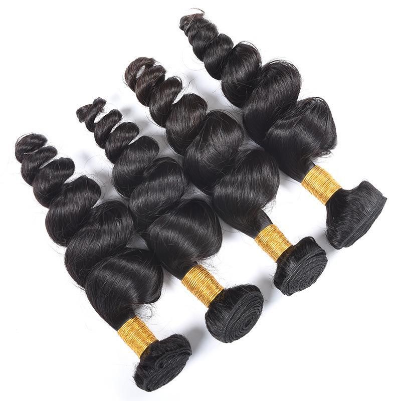 Natural Color Brazilian Hair India Hair 4*4 Closure 13*4 Frontal Closure Loose Wave Human Hair Bundles with Double Weft or Double Drawn 22"