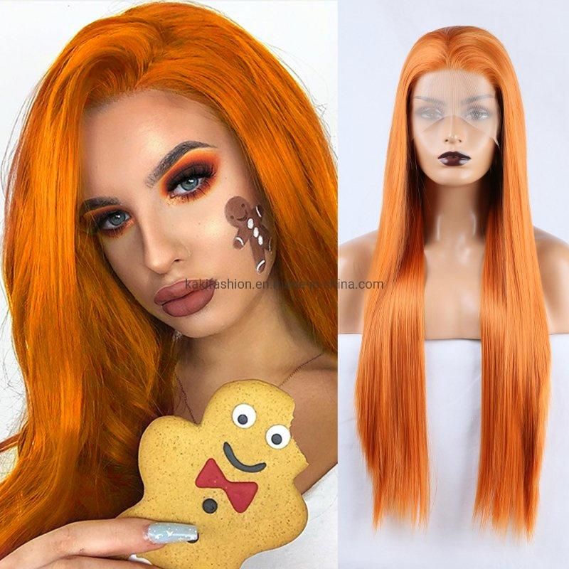 Luxury Heat Friendly Korea High Fiber Cheap Straight Quality Orange Girls Synthetic Lace Frontal Wig