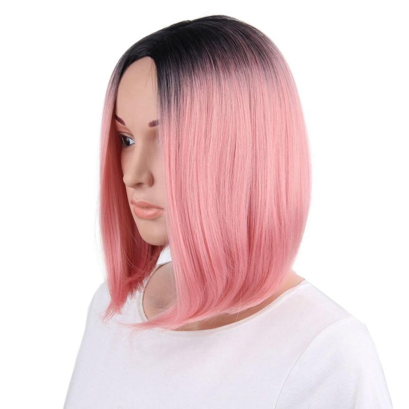 Kaki Hair New Women Fashion Ombre Pink Short Straight Synthetic Hair Wigs Bobo Wig 14 Inch