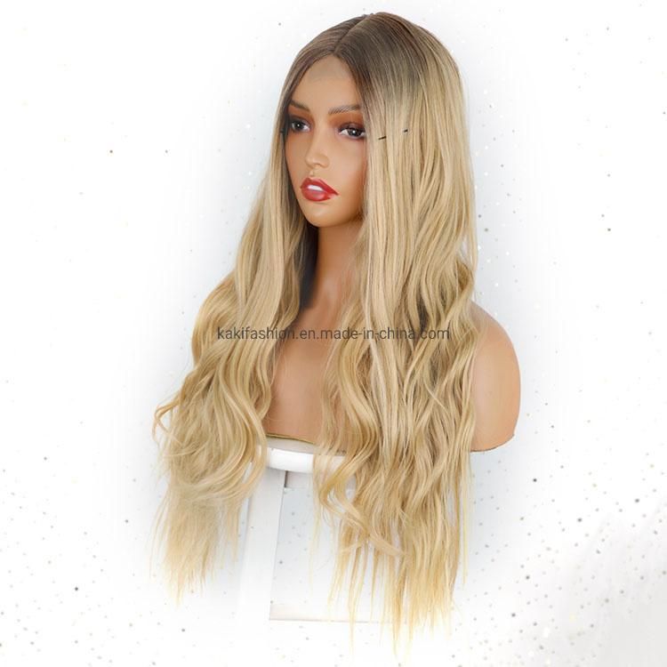 Ombre Blonde Long Wavy Middle Part Natural Hairline Dark Roots Blonde Synthetic Wigs