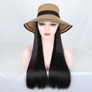 Viviabella Straw Hat with Hair Extensions Natural Black Straight Synthetic Wig Hat for Women Straw Hats with Hair (L(Head Circum: 22.6&quot;-23.6&quot;))
