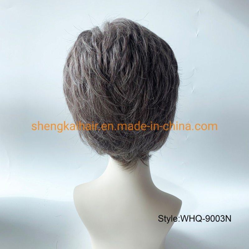 Wholes Good Quality Handtied Human Hair Synthetic Hair Mix Short Grey Wigs for Older Ladies 578