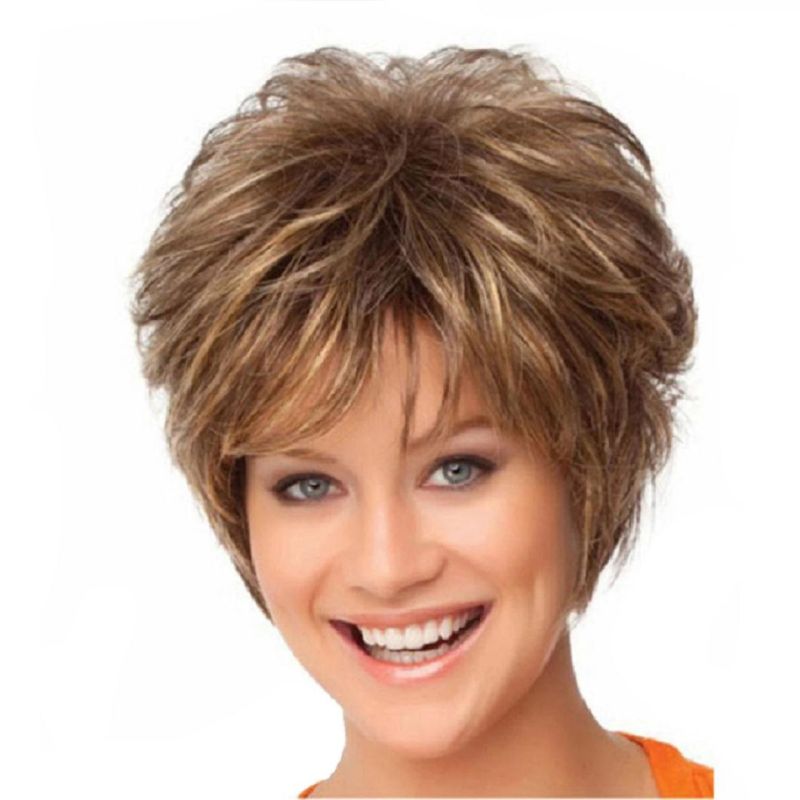 Short Wigs High Temperature Fiber Wig with Bangs Heat Resistant Synthetic Wig Mixed Color Straight for Women