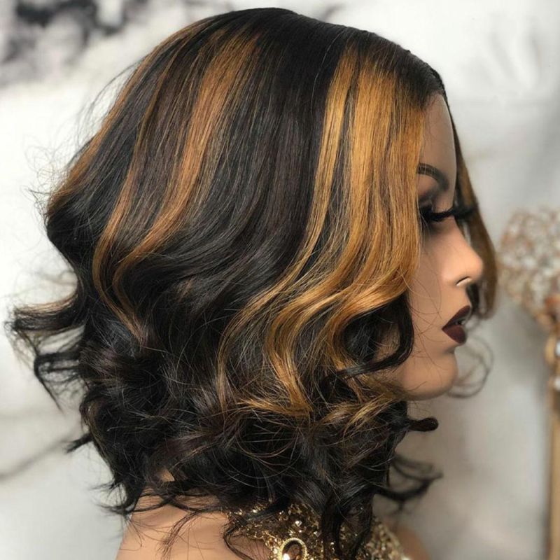 T Part Lace Brazilian Remy Human Hair Wigs Hightlight Color Loose Wave Bob Wig with Pre Plucked Hairline