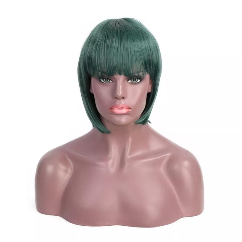 12 Inch Cheap Green Color Bobo Wig with Bangs Heat Resistant Synthetic Short Straight Wig for Black Women