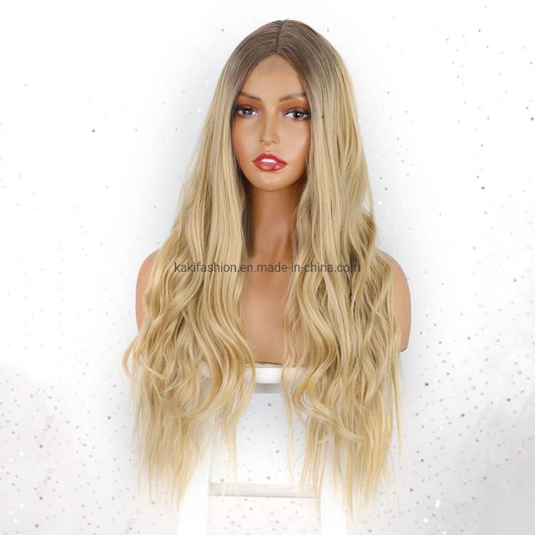 Ombre Blonde Long Wavy Middle Part Natural Hairline Dark Roots Blonde Synthetic Wigs