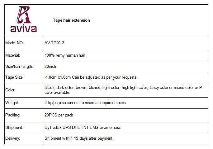 100% Virgin Hair Tape in Human Hair Extensions (AV-TP20-2)