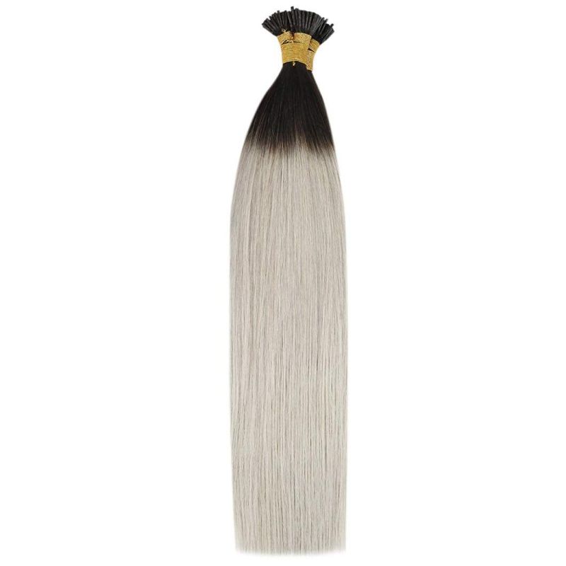 22inch Ombre I Tip Hair Extensions Human Hair Natural Black Root to Grey Silky Straight I Tip Extensions Human Hair Ombre Remy Human Hair 50g