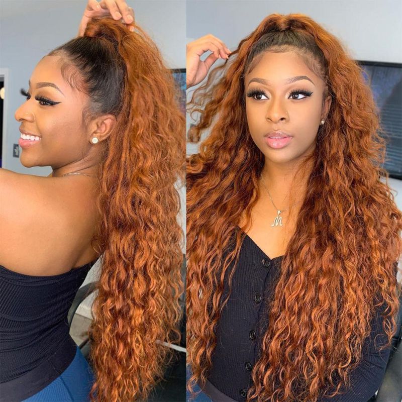 Factory Price Water Curly Deep Wave Remy Hair Color 1b/30 Human Hair Pre Plucked Ombre Highlight Lace Frontal Wig