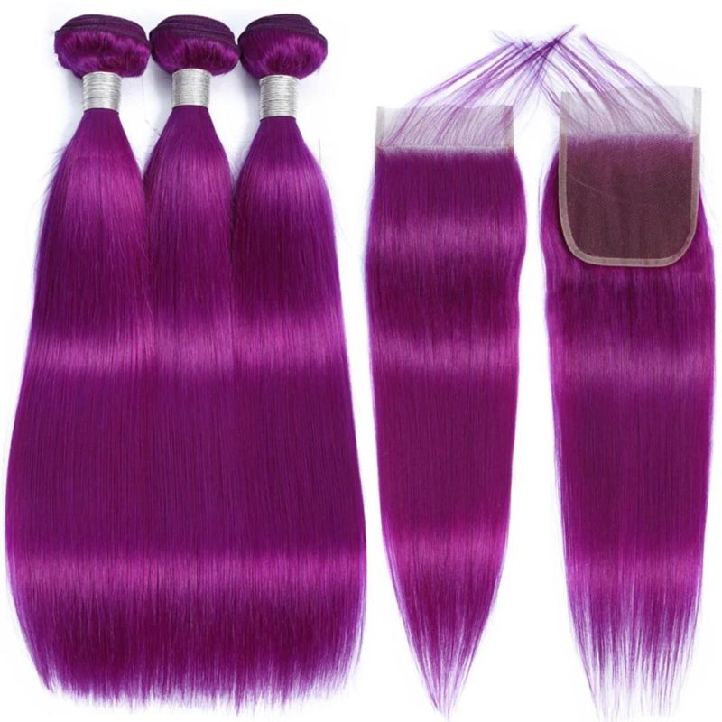 Peruvian Straight Hair Purple Bundles with Closure Colored Human Hair 4*4 Lace Closure with Bundles Remy Hair Extensions