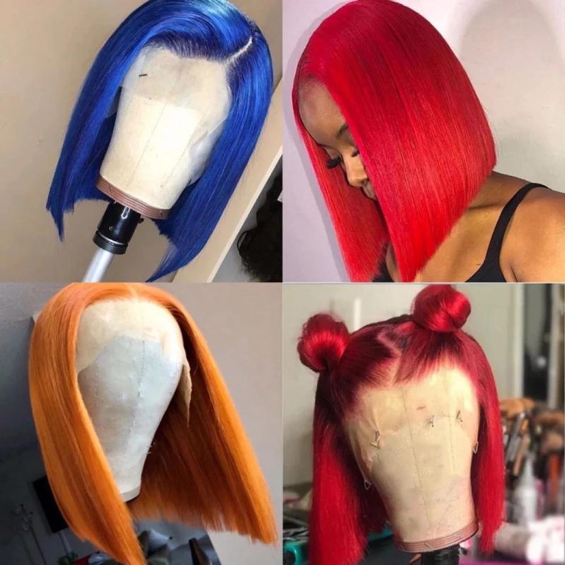 Lace Part Human Hair Wigs Short Bob Wigs 150% Brazilian Human Hair Wig Blue Orange Red Lace Frontal Wigs for Black Women 10 Inches